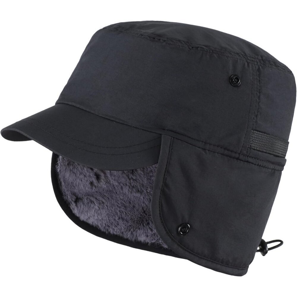 Men Black Winter Trapper Faux Fur Earflaps Visor Baseball Cap Hat